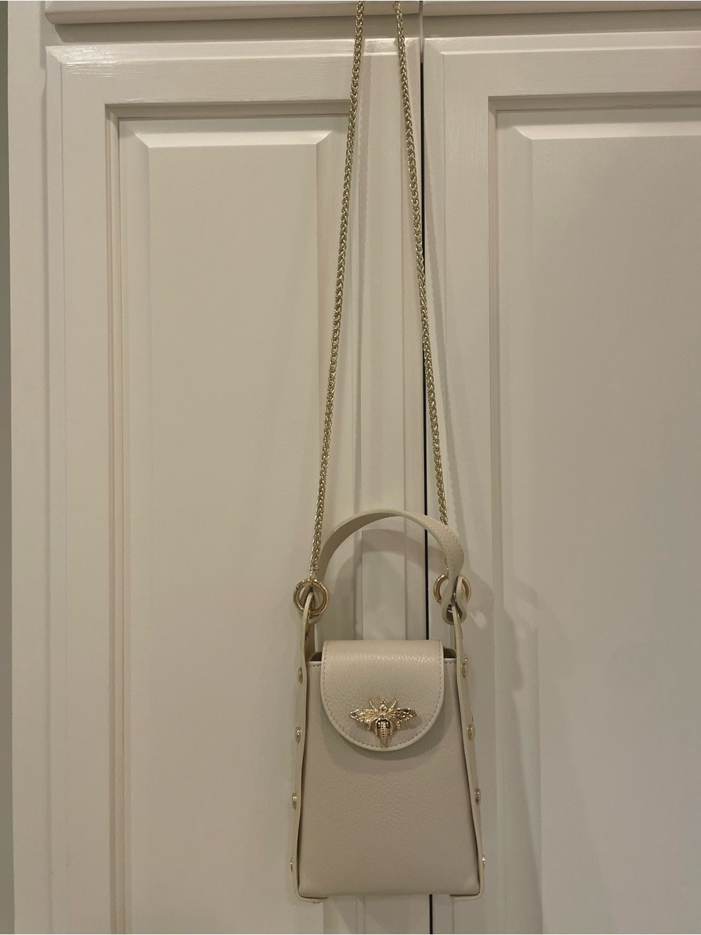 Cream Italian Leather Bag with Gold Bee Accent - Picture 7 of 9
